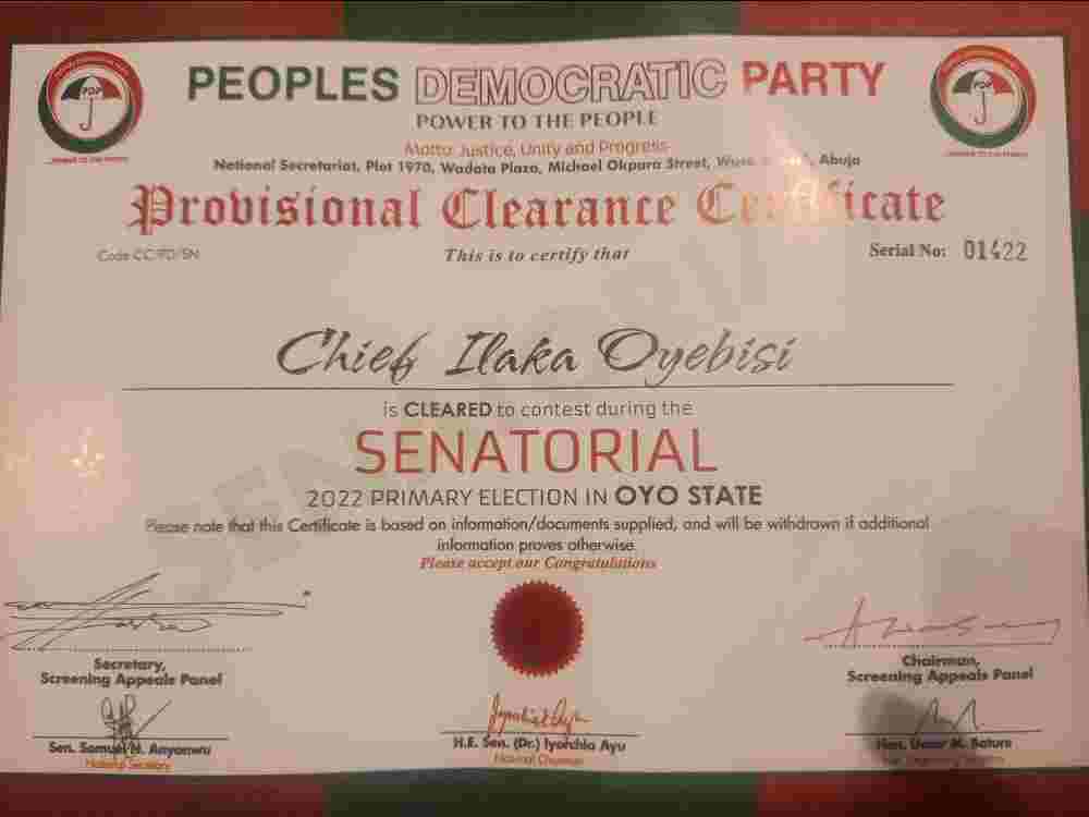 Oyo Central: Bisi Ilaka Gets Provisional Clearance Certificate To Contest PDP Senatorial Primary.