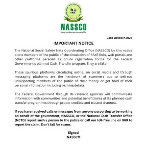 FG Cash Transfer: NASSCO Alerts Against Scammers , Fake Links, Gives Further Details