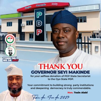 Egbeda/Ona Ara Reps Hopeful, Tosin Alabi, Hails Makinde at PDP Secretariat Commissioning