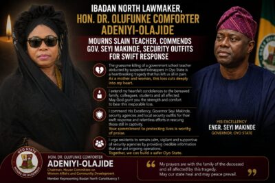 Oyo Assembly Lawmaker, Hon. Comforter Olajide Grieves Over Murdered Teacher, Praises Gov. Makinde’s Security Intervention